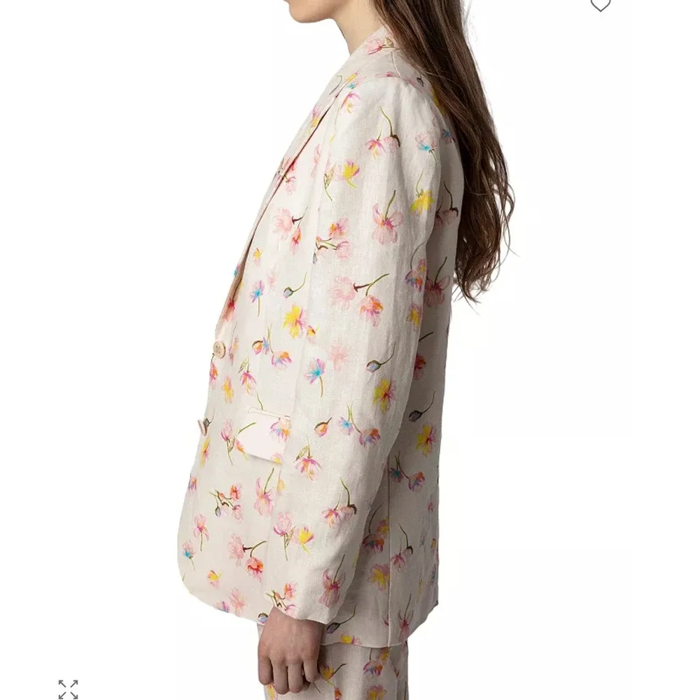 Zadig &‎ Voltaire Courtney Vegy Linen Blazer Jacket Sz XL / EU 42 Pink Floral